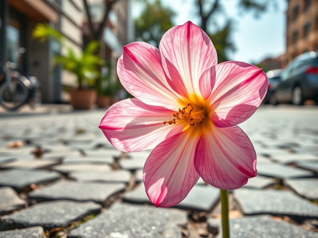 Close-up of a pink and white flower blooming amidst cobblestone pavement, with greenery and buildings blurred in the background.