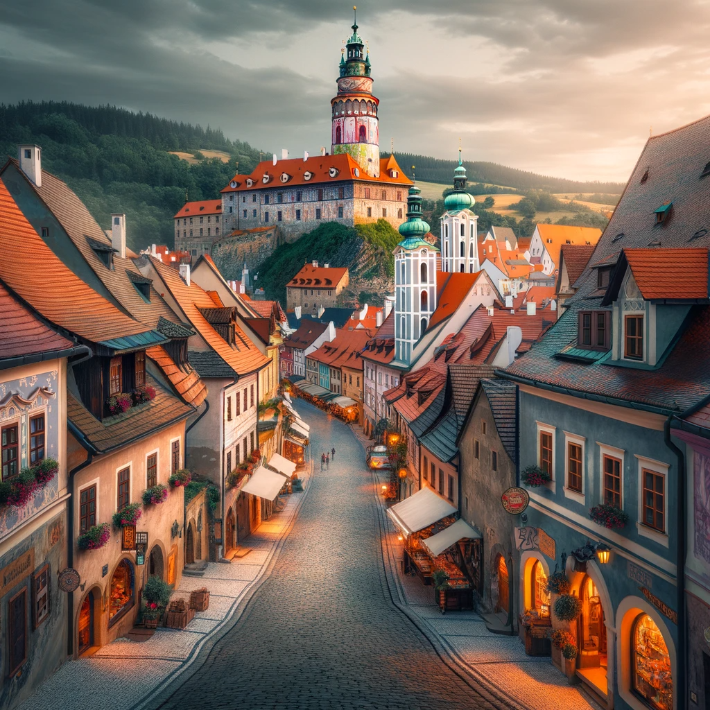 The picturesque streets of Český Krumlov with its castle towering in the backdrop, capturing the town's enchanting fairy tale ambiance.