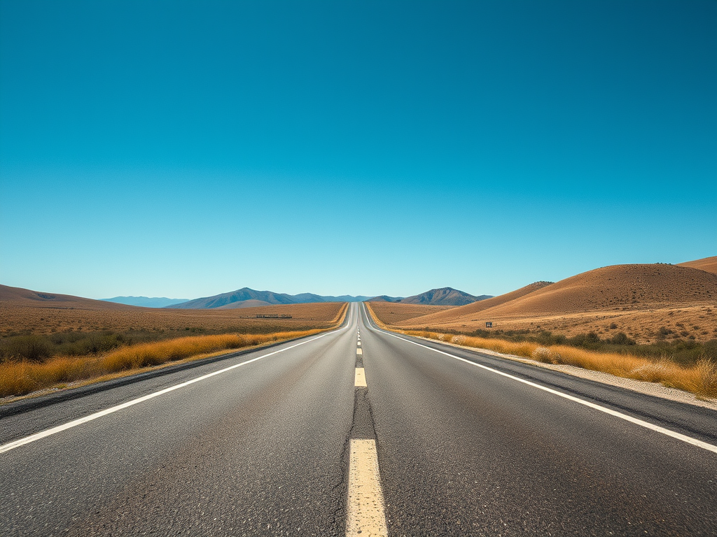 A long open road stretches into the distance, flanked by arid hills and a clear blue sky.
