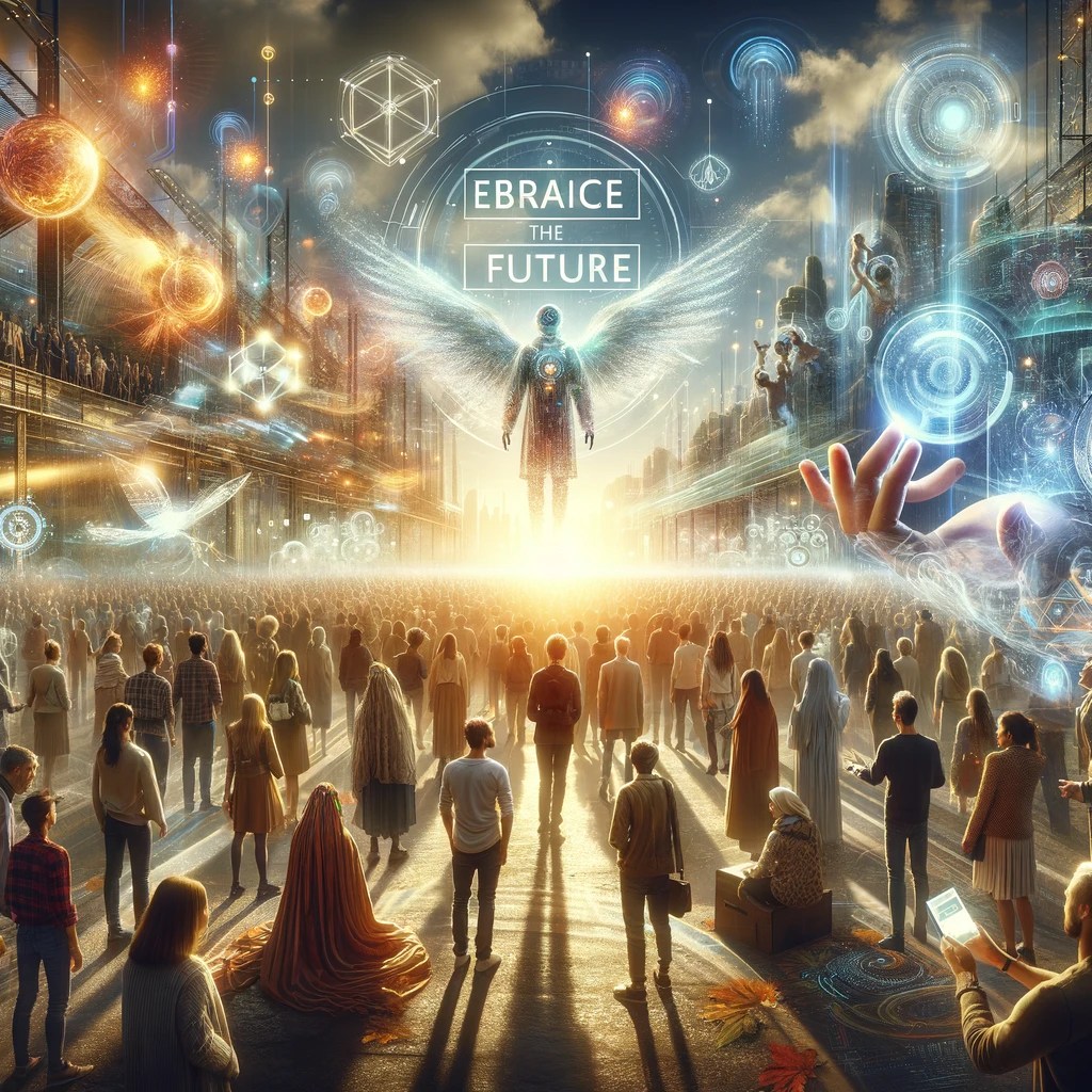 The image created embodies the concept of embracing the future, highlighting optimism, innovation, and the positive interaction between humans and technology. It depicts a diverse group of individuals, representing different ages and backgrounds, united in their enthusiasm and hope as they engage with futuristic technologies such as holographic displays, wearable tech, and interactive interfaces. The scene is bathed in light, symbolizing a bright and promising future, and conveys a strong sense of community and progress. This visual serves as a powerful reminder that the future of technology offers not just challenges but immense opportunities to enhance human life, foster deeper connections, and explore new horizons.
