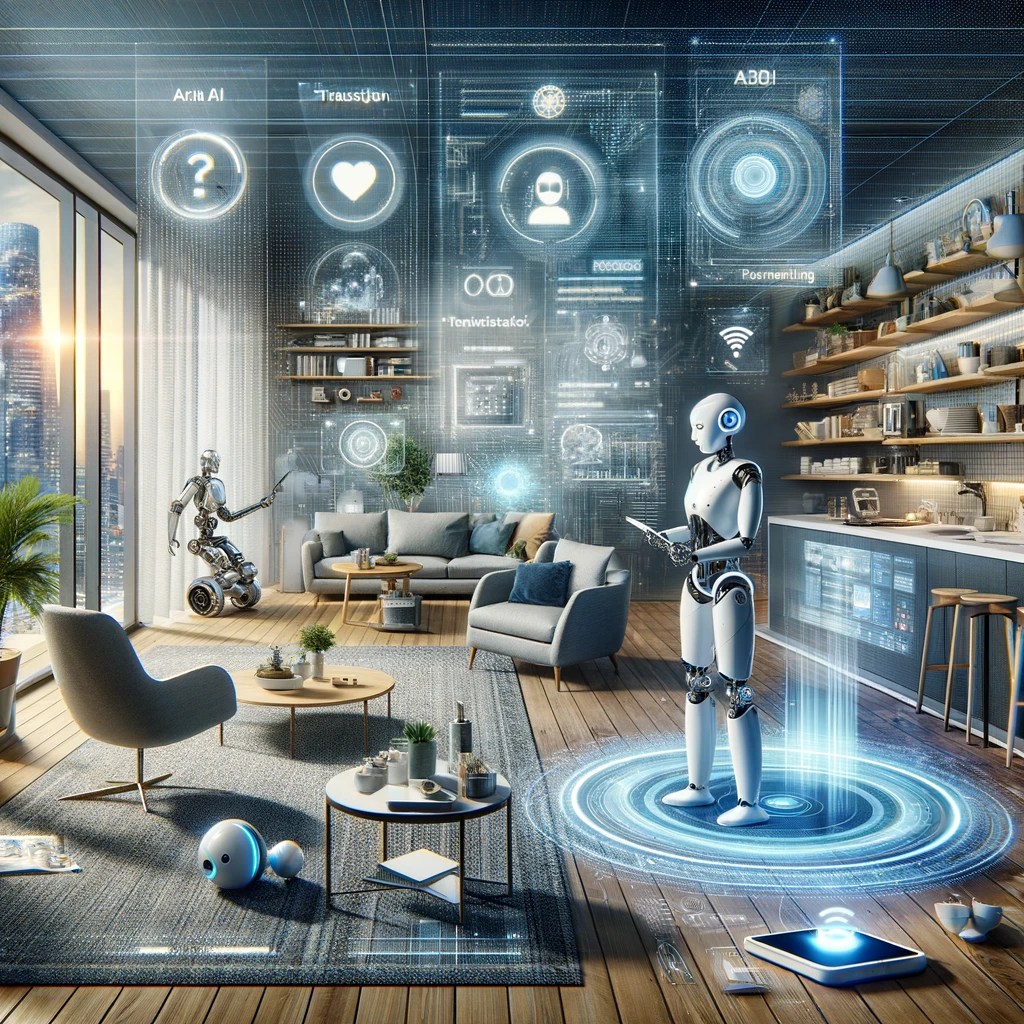 The image crafted illustrates a future where AI and robotics are integral to daily life, blending effortlessly into both home and professional environments. It features a personal AI robot engaging in household chores within a stylish living space, alongside AI-enhanced devices like smartphones or tablets equipped with real-time translation capabilities. Additionally, robots are shown in professional settings, such as offices or retail spaces, undertaking tasks like customer service or inventory management. This visual embodies the sophistication and advancement of AI and robotics technology, demonstrating their role in simplifying and enhancing the efficiency of everyday tasks, while emphasizing the personalized and adaptive nature of these technologies in a world where humans and machines coexist harmoniously.