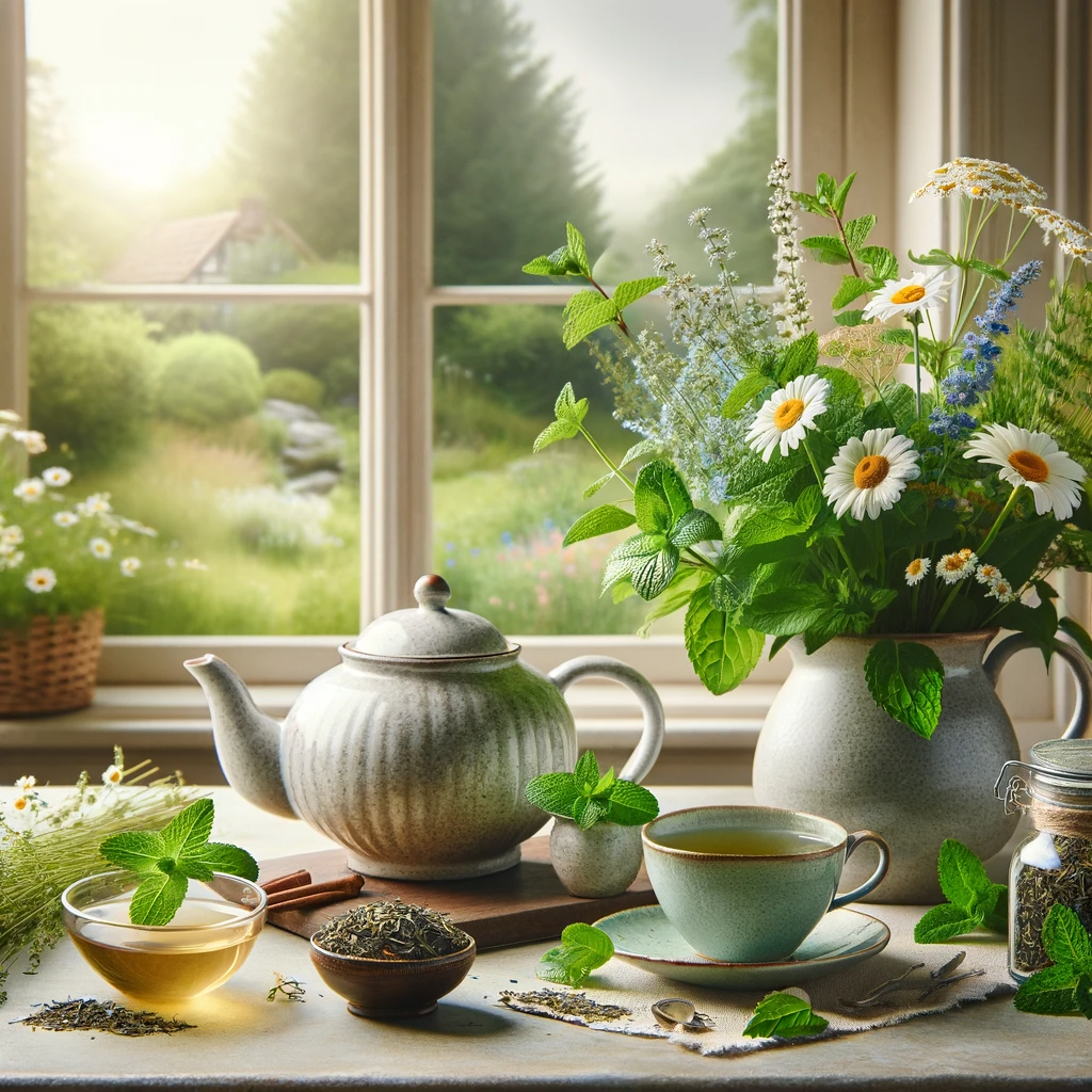 This scene illustrates the process of preparing herbal tea, featuring a variety of herbs like chamomile, peppermint, and green tea leaves. A teapot and a cup on a table, with a garden view outside the window, create a calm and soothing atmosphere, emphasizing the simplicity and elegance of herbal tea preparation.