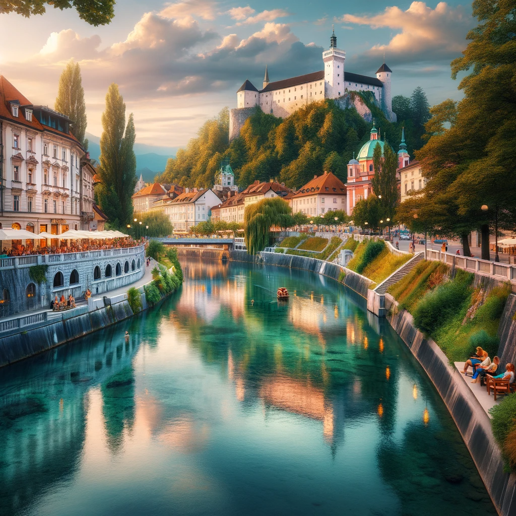 The tranquil Ljubljanica River with Ljubljana Castle in the background, showcasing the city's harmonious blend of nature and history.