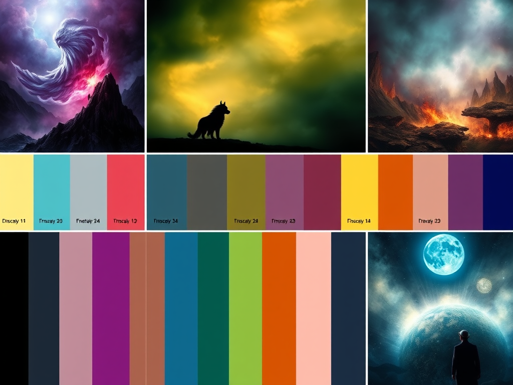 A surreal landscape featuring a mystical formation in the sky over a mountain range with vivid colors.