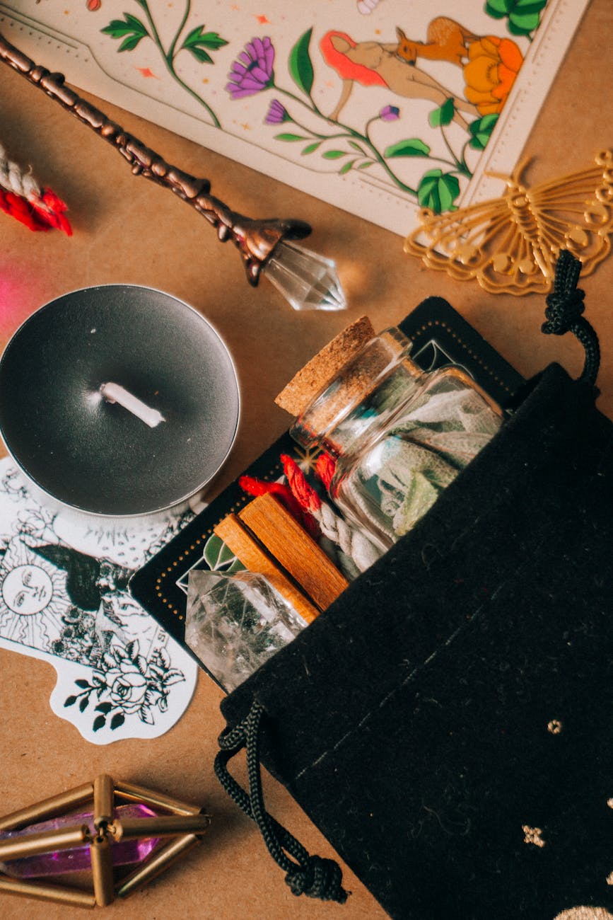 candle crystal stones and drawings