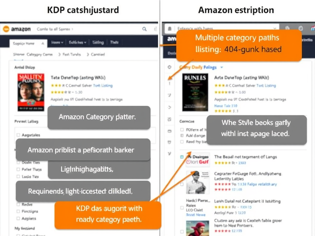 Screenshot comparing Amazon KDP category selection interface with a book listing, highlighting differences in category visibility and paths.