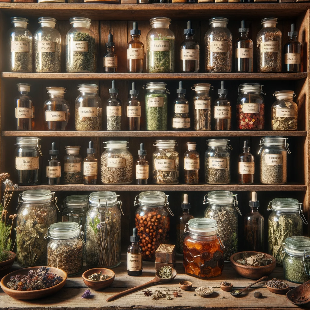 This image depicts a charming old-world apothecary, filled with various dried herbs in glass jars, tinctures in dropper bottles, and homemade balms, each labeled with its healing properties. The wooden shelves and rustic ambiance evoke a sense of ancient wisdom and natural healing.