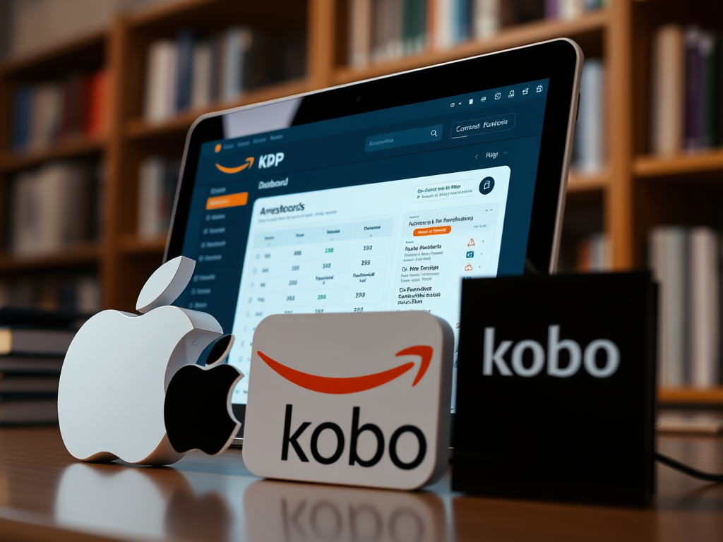 An image displaying a tablet with the KDP dashboard on the screen, alongside logos of Apple and Kobo, symbolizing distribution options for indie authors.