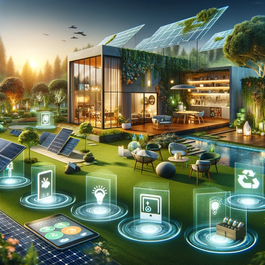 The image vividly illustrates the concept of green technology in 2024, featuring a modern living environment enriched with eco-friendly gadgets and innovations. It showcases solar-powered chargers, outdoor lights within a beautifully landscaped garden, an energy-monitoring system on a smart home interface, and products crafted from biodegradable materials. The scene embodies a vibrant and sustainable lifestyle, emphasizing the seamless integration of technology with nature to reduce the carbon footprint and enhance energy efficiency. This visual serves as an inspiring representation of the potential for sustainable living, combining aesthetic appeal with environmental responsibility.