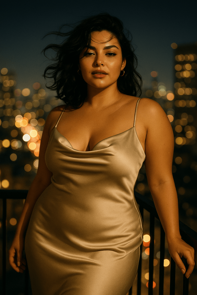 A confident woman in a silky dress stands on a balcony overlooking a city skyline at night, with blurred lights in the background.
