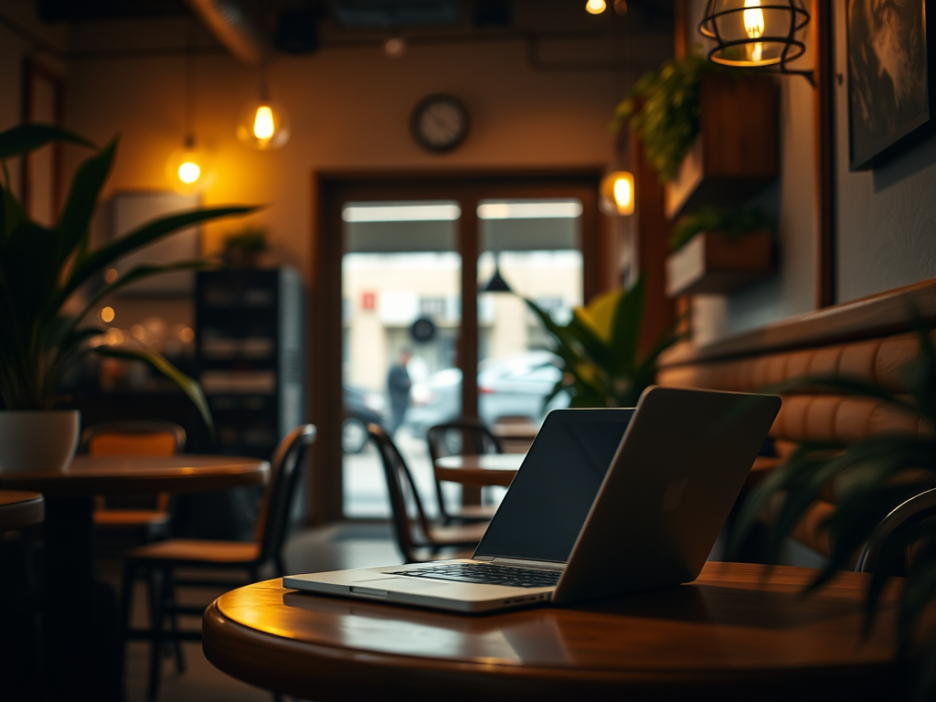 A laptop sitting on a wooden table in a cozy cafe, surrounded by potted plants and soft lighting.