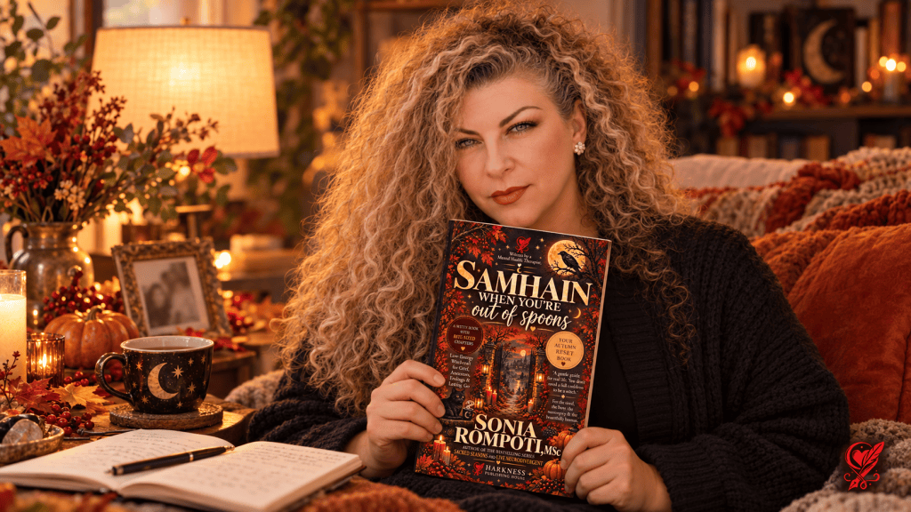 Sonia sitting beside a small autumn remembrance table, holding Samhain When You’re Out of Spoons, with the Harkness Publishing House logo in the corner.