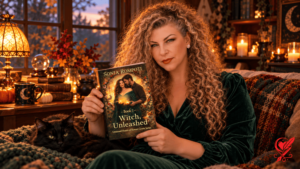 Sonia reading Witch, Unleashed beside an autumn window overlooking a dark forest, with the complete cover visible and a large red Harkness logo at bottom right.