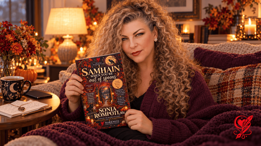 Sonia holding Samhain When You’re Out of Spoons beside a folded intention note and pendant in a cosy autumn room, with a large red Harkness logo in the bottom-right corner.