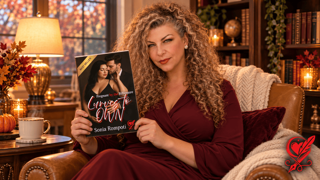 Sonia reading Curves to Own in an elegant autumn reading corner, with the complete cover visible and a large red Harkness logo at bottom right.