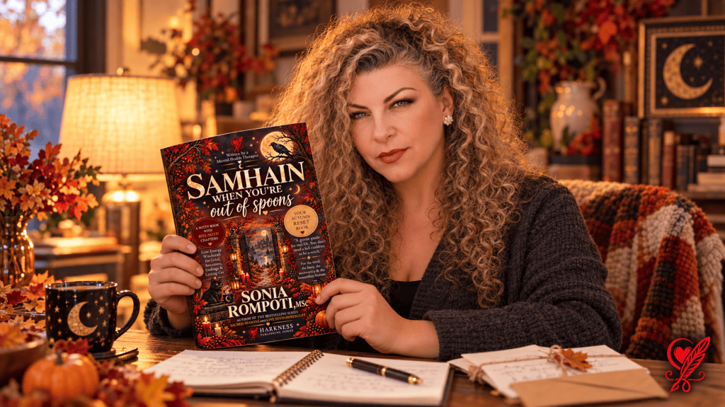 Sonia holding Samhain When You’re Out of Spoons beside a journal, a folded letter and envelope, and a warm lamp, with a large red Harkness logo in the bottom-right corner.