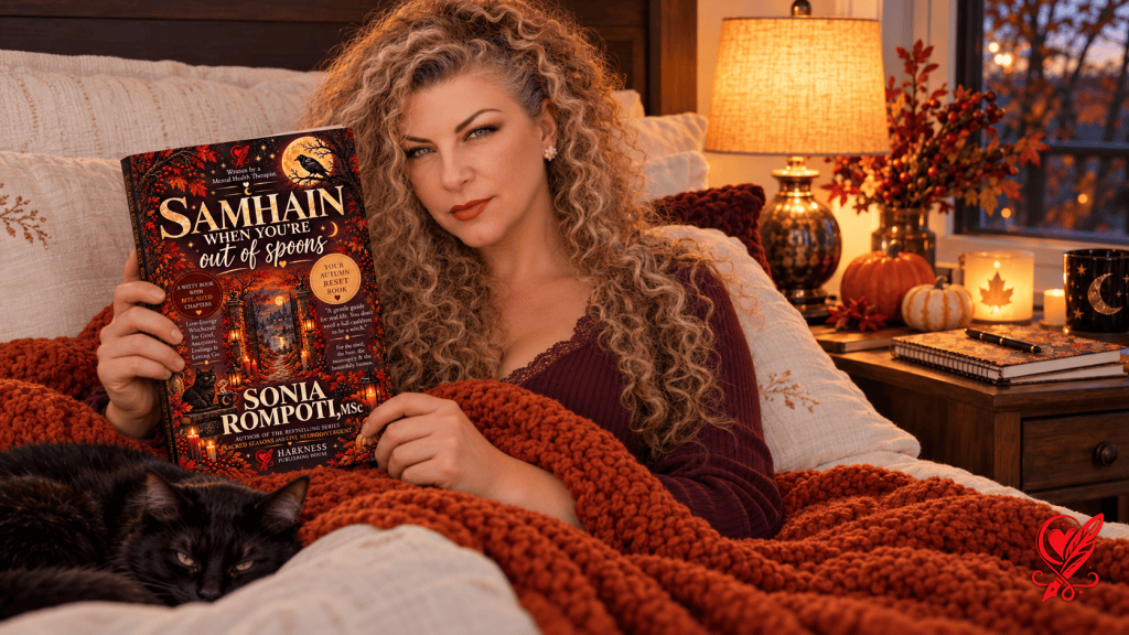 Sonia resting in an autumn bedroom with Samhain When You’re Out of Spoons, a warm bedside lamp, and a large red Harkness Publishing House logo in the bottom-right corner.
