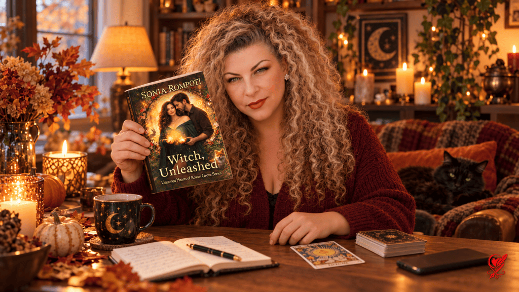 Sonia with Witch, Unleashed beside a tarot card, reflective journal, and a phone placed face down in a warm autumn reading nook, with her Harkness logo in the corner.